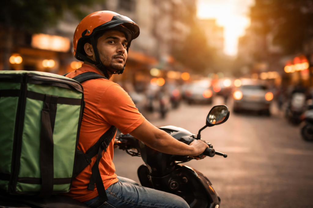 delivery workers in India waiting during busy traffic under time pressure