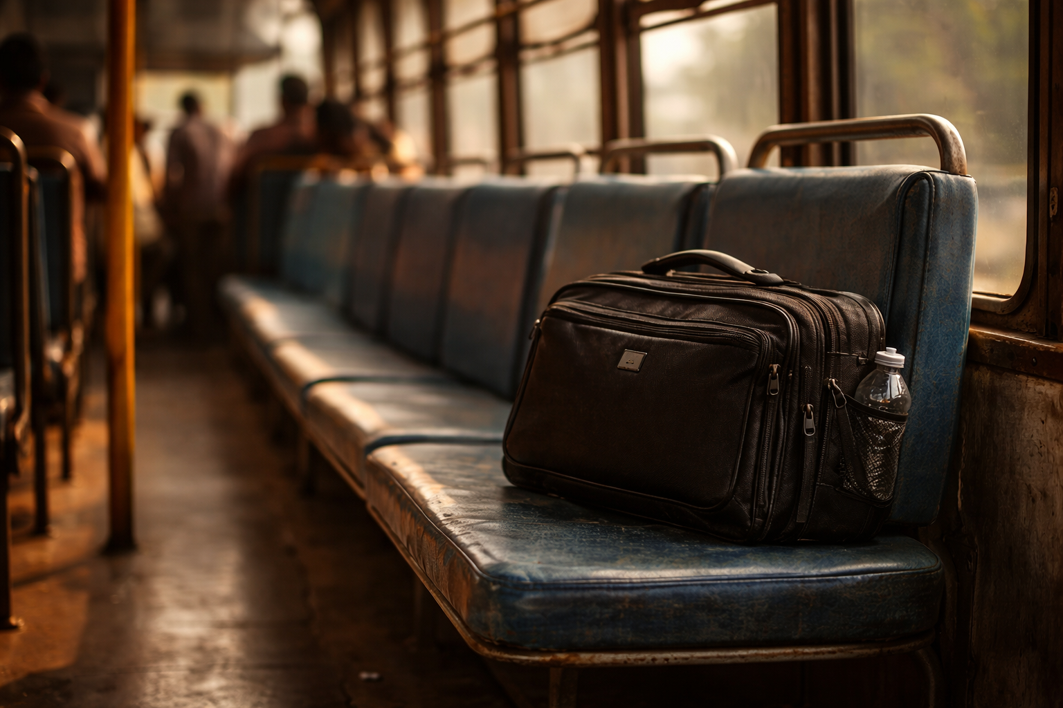 forgotten laptop bag on bus seat during morning chaos