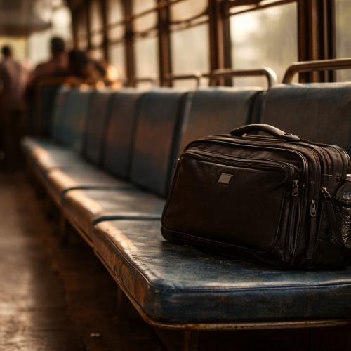 forgotten laptop bag on bus seat during morning chaos